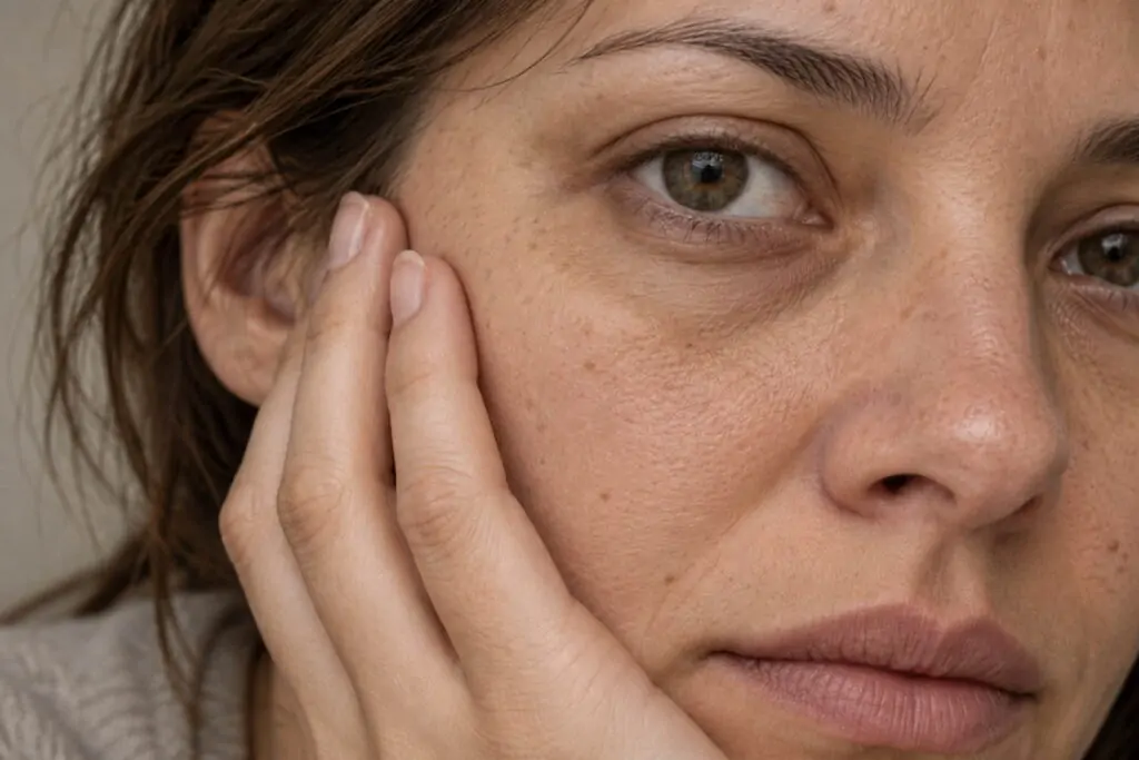 Primo piano di una donna con pelle del viso spenta, opaca e poco luminosa.