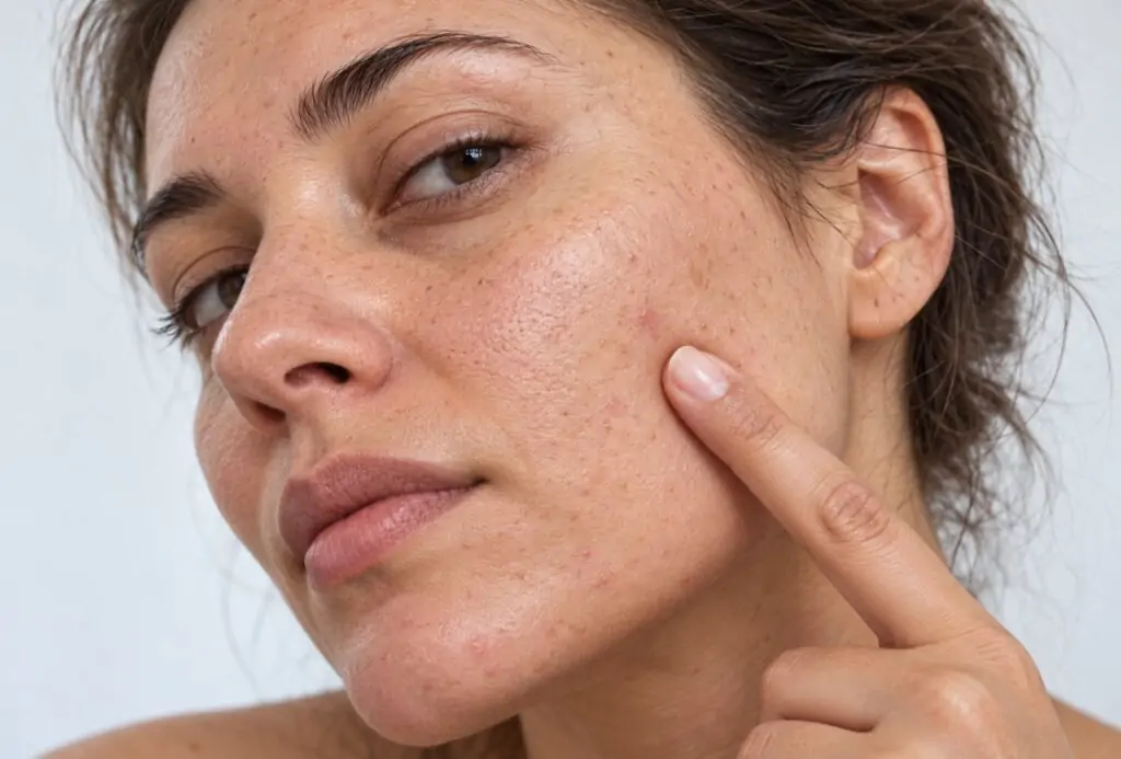Grana irregolare del viso: pori visibili e texture cutanea non uniforme Primo piano del viso di una donna che indica la guancia, con pori dilatati, piccoli rilievi e grana della pelle irregolare.