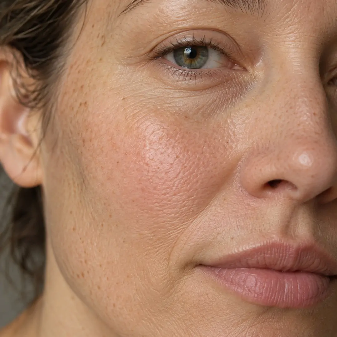 Primo piano del viso di una donna con pelle naturale, pori visibili, linee sottili e leggere variazioni della texture cutanea.