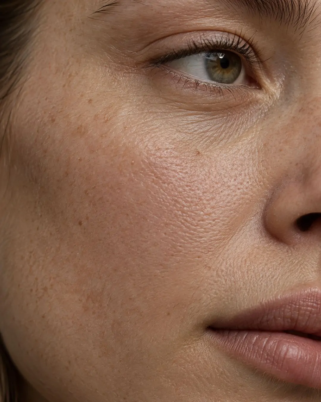 Primo piano ravvicinato della pelle del viso femminile, con texture irregolare, pori visibili e aspetto spento e poco luminoso.