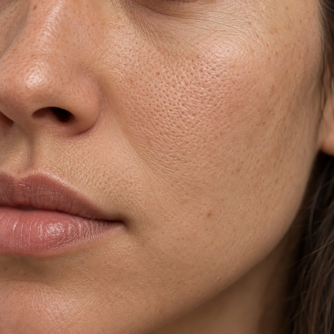 Primo piano ravvicinato della guancia e del naso di una donna, con pori dilatati ben visibili e texture cutanea irregolare.