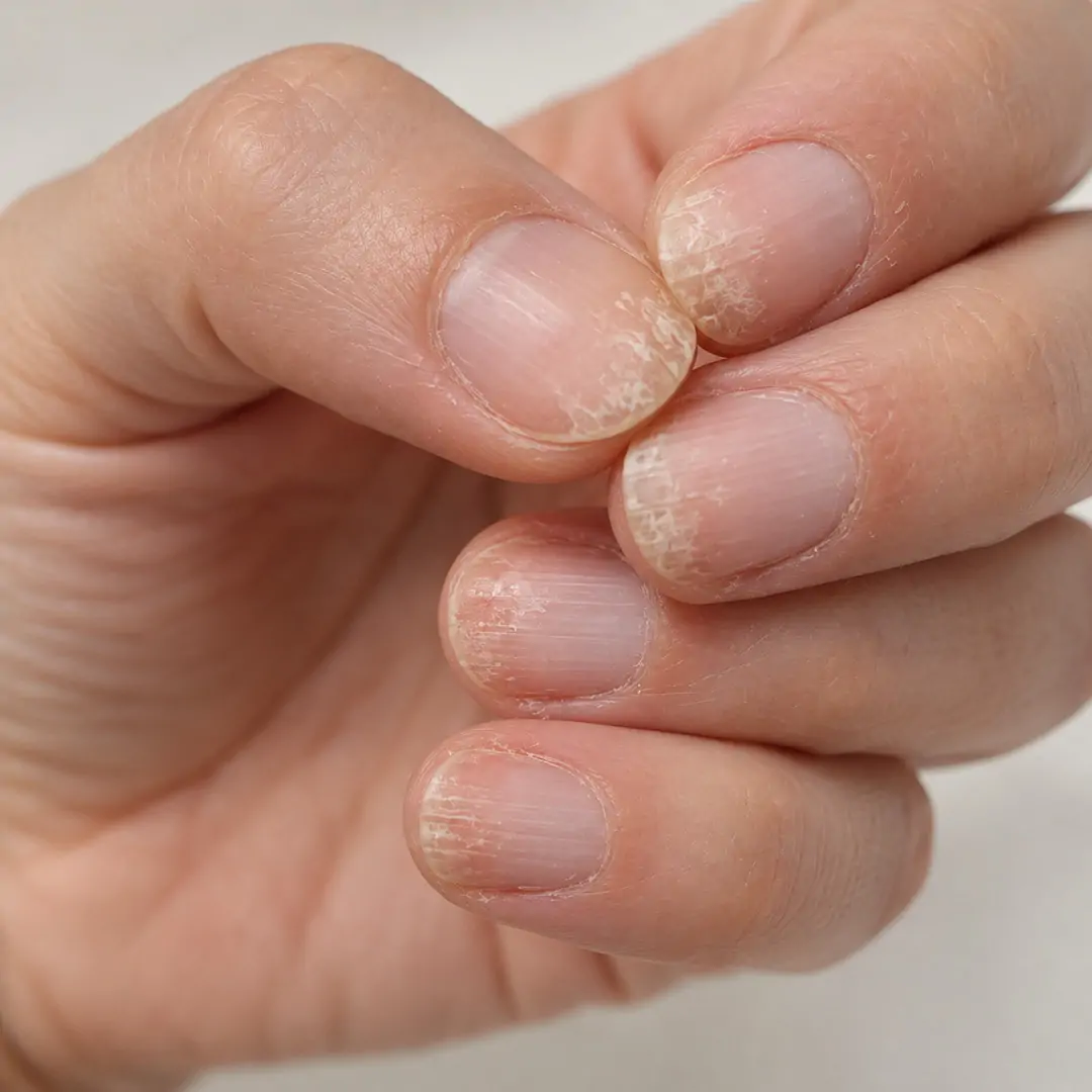 Unghie rovinate dal semipermanente: sfaldamento e fragilità Unghie naturali rovinate dopo la rimozione dello smalto semipermanente, con sfaldature superficiali, macchie biancastre e superficie irregolare.