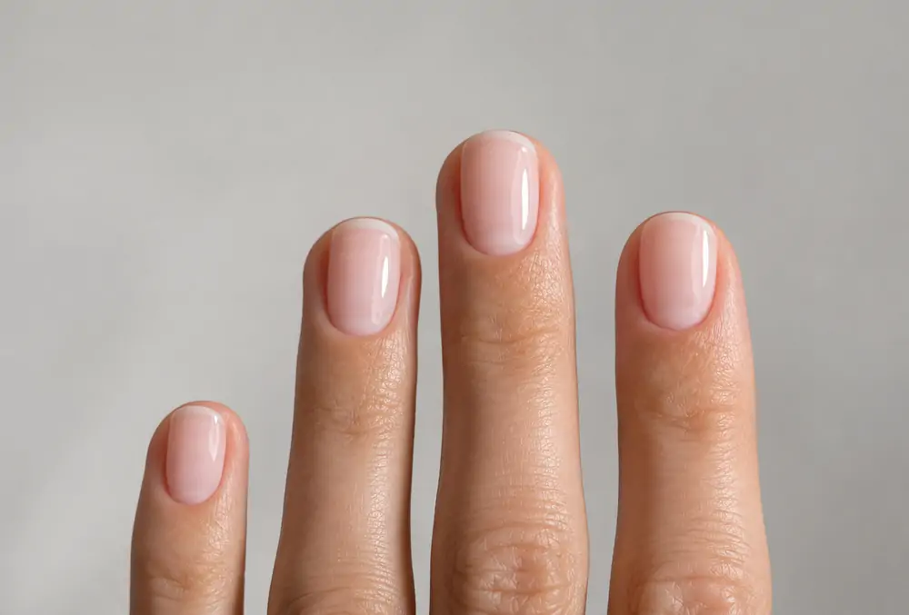Primo piano di una mano con unghie curate e smalto semipermanente rosa nude